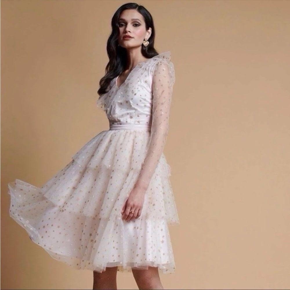 Rachel Parcell Glitter Star Long Sleeve Tulle Dress Pink Parchment